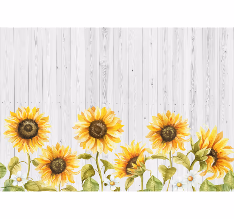 Rullegardin kjøkken solfylte blomster på grå planker - Tenstickers