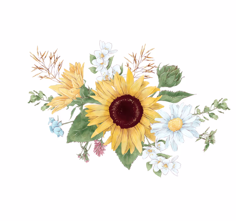 Hvit rullegardin med solblomster og prestekrager - Tenstickers