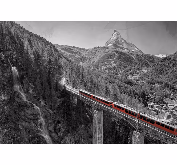 Rullegardin stue rød tog på bro med matterhorn - Tenstickers