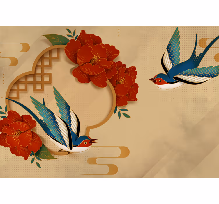 Rullegardin beige med fugler og blomster 3d - Tenstickers