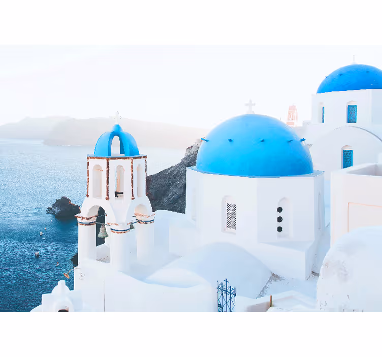 Rullegardin rom santorini hvite og blå hus havet - Tenstickers