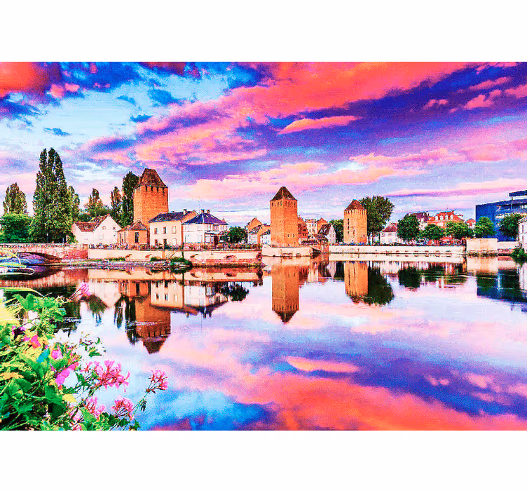 Rullegardin rom rosa himmel som speiler seg i vann - Tenstickers