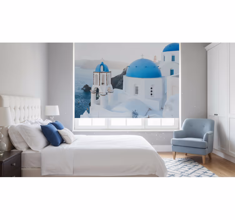 Rullegardin rom santorini hvite og blå hus og hav - Tenstickers