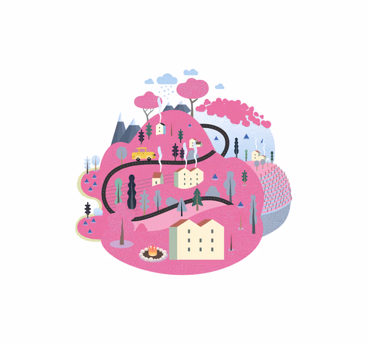 Rullegardin barn rosa fjell med hus - Tenstickers