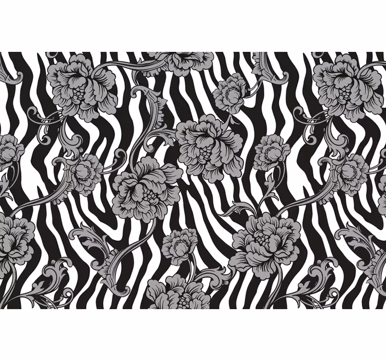 Svart rullegardin med zebra mønster og prydblomster - Tenstickers