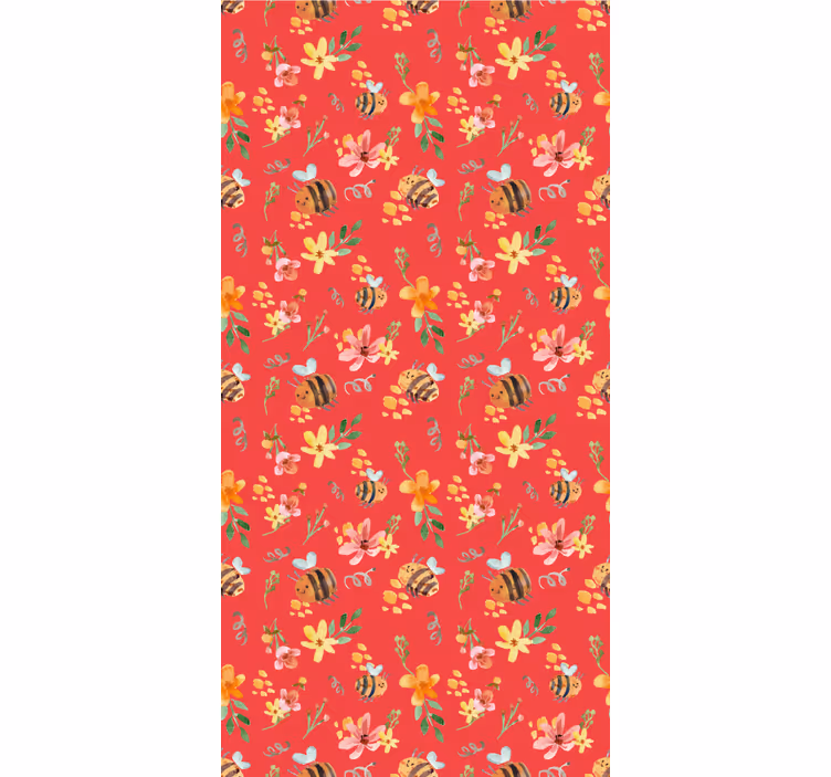 Rullegardin rød retro bier og blomster - Tenstickers