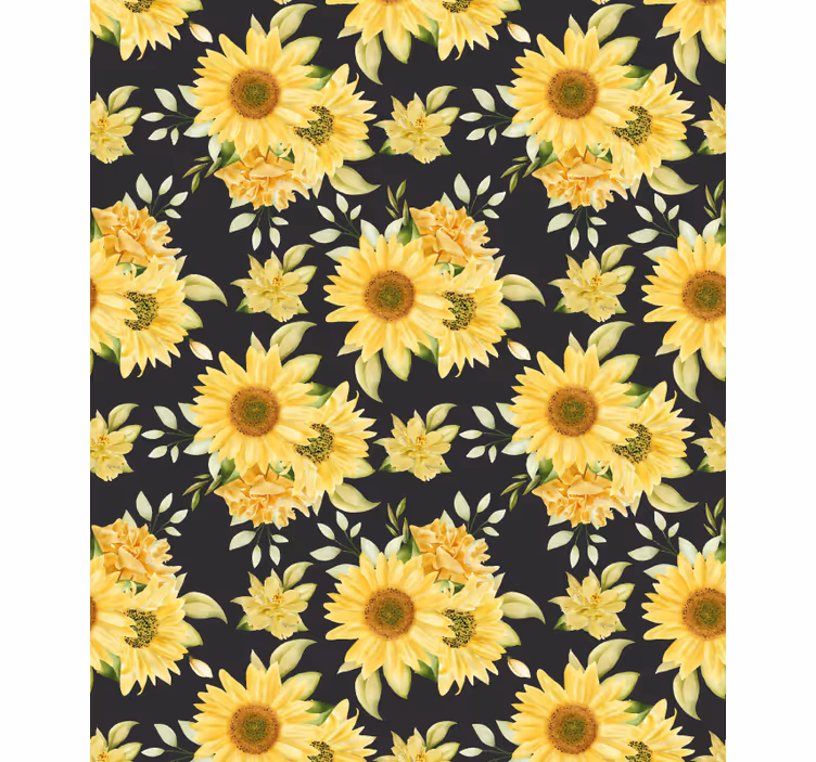 Solsikke mønster svart bakgrunn blomst rullegardin - Tenstickers