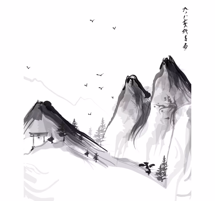Japansk vinter med fjell rullegardin tegning - Tenstickers
