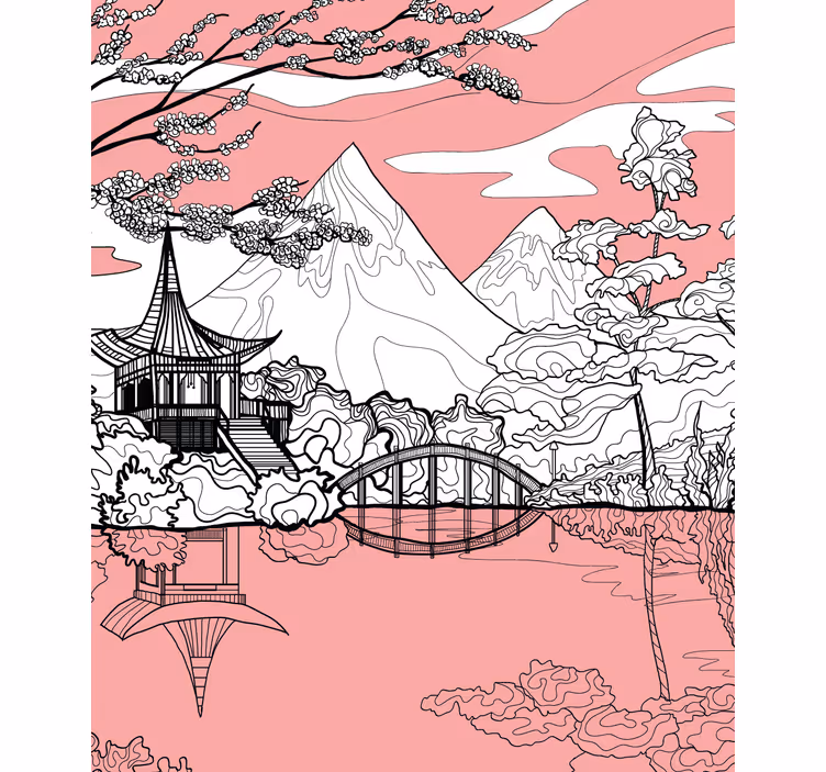 Japanske fjell og grener rullegardin tegning - Tenstickers