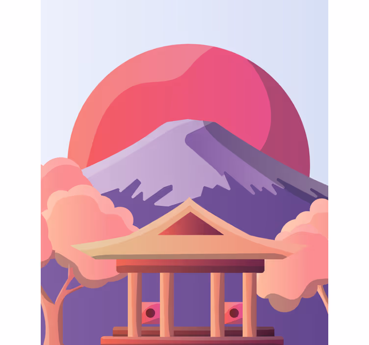 Vulkan med rød sol japansk rullegardin tegning - Tenstickers