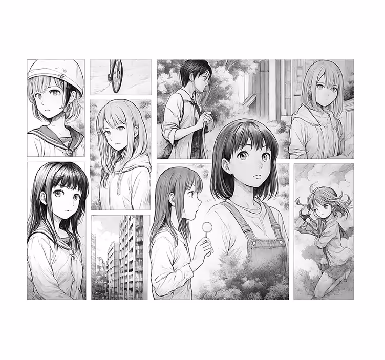 Svart og hvit manga fototapet ungdom - Tenstickers