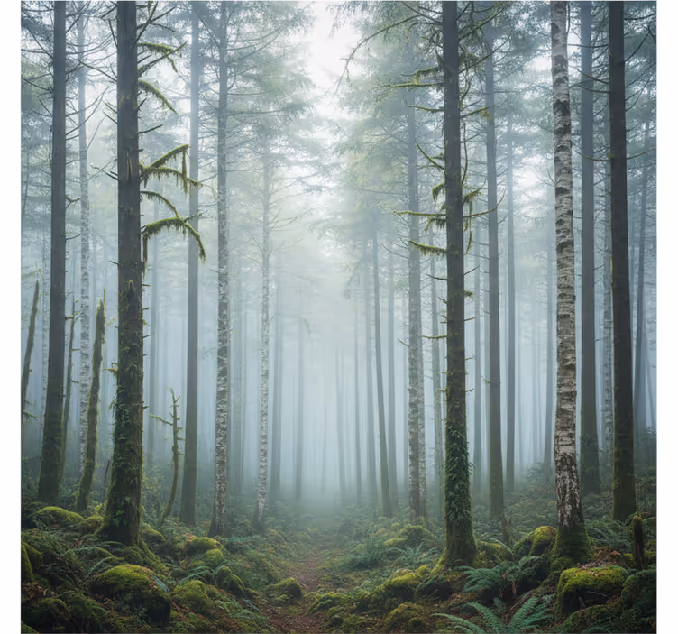 Fototapet skog atmosfærisk tåke veggmaleri - Tenstickers