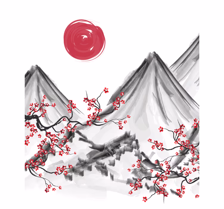 Fototapet hvit japansk stil rød sol - Tenstickers