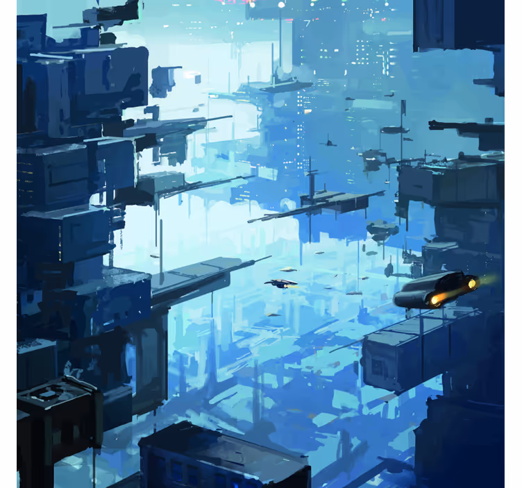 Fototapet blå futuristisk by med romskip - Tenstickers