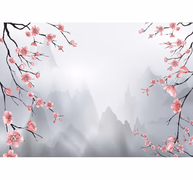 Fototapet grå kirsebærblomster og fjell - Tenstickers