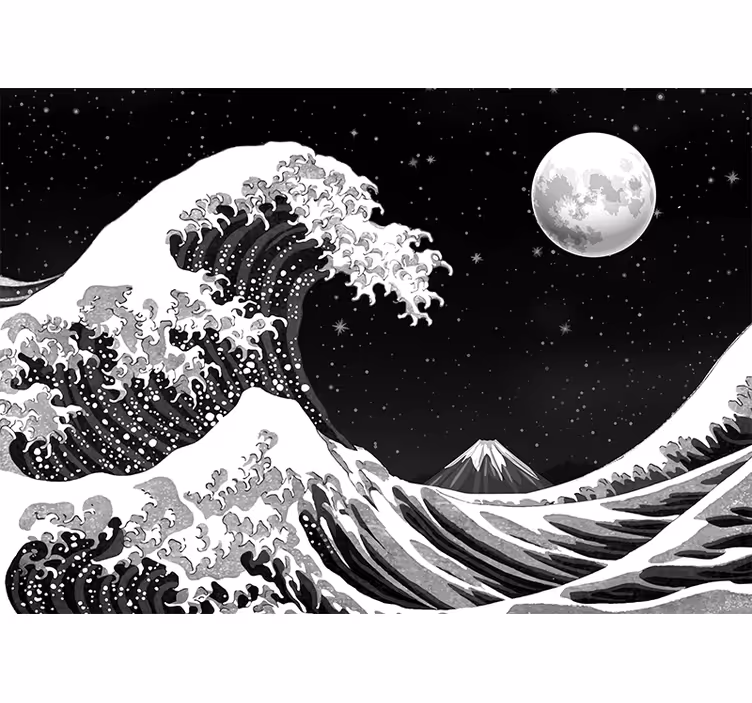 Fototapet svart japansk kanagawa bølge om natten - Tenstickers