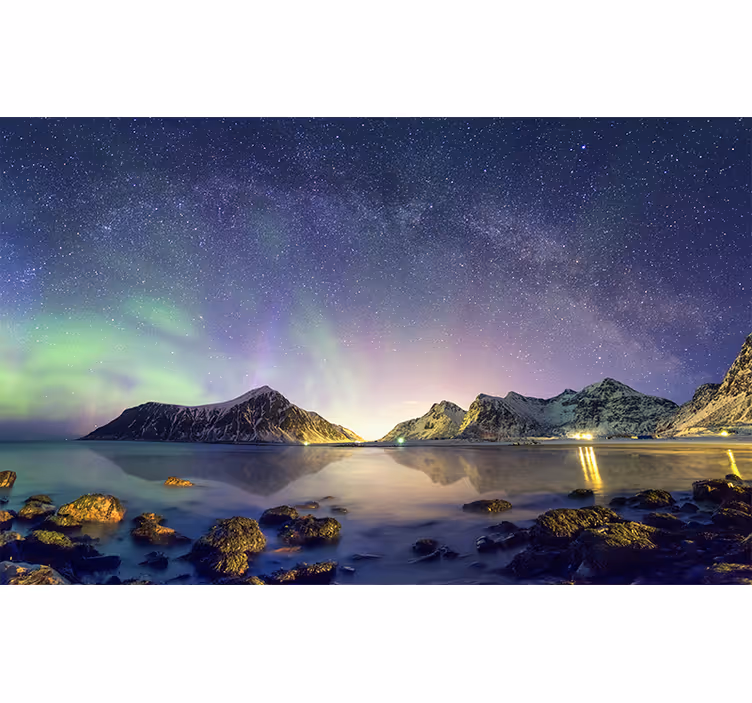 Aurora borealis med snø fjell fototapet - Tenstickers
