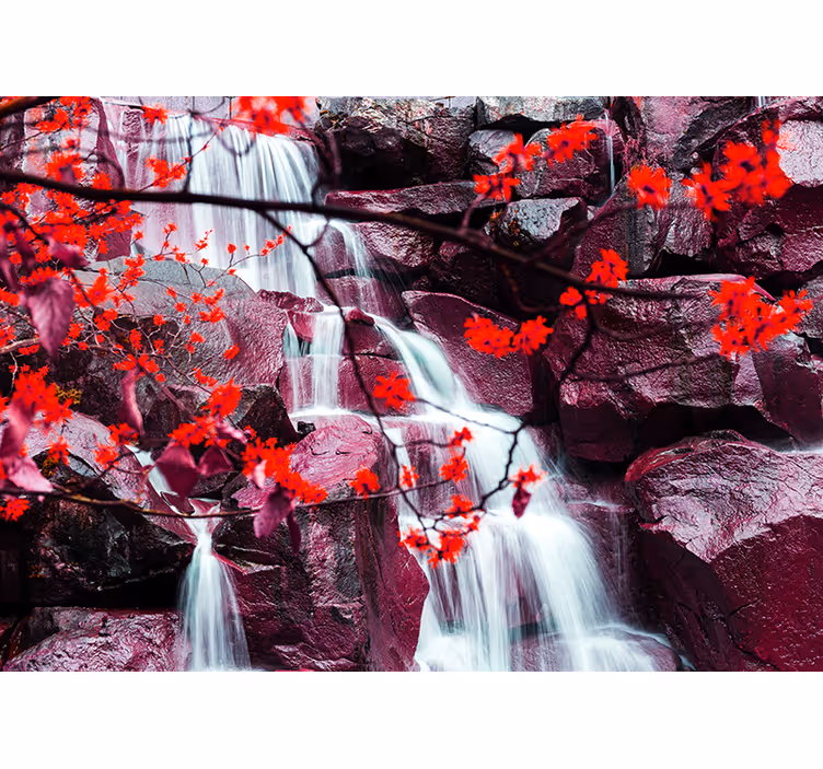 Brusende fossefall med blomster Fototapet foss - Tenstickers