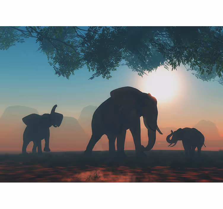 Elefanter og tre ved solnedgang fototapet - Tenstickers