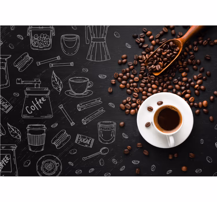 Kaffebønner og doodles Fototapet vegg - Tenstickers