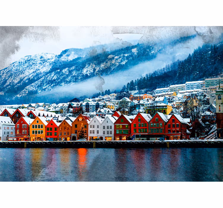 Fototapet byer fargerike hytter ved innsjøen - Tenstickers