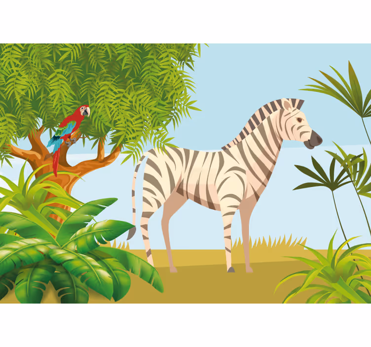 Fototapet dyr zebra og papegøye scene - Tenstickers