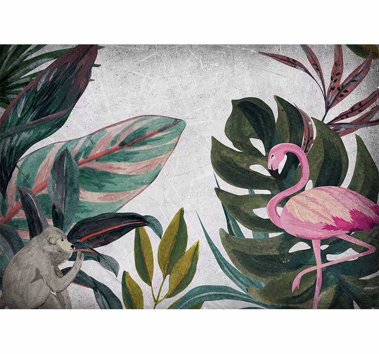 Fototapet jungel flamingo og ape - Tenstickers