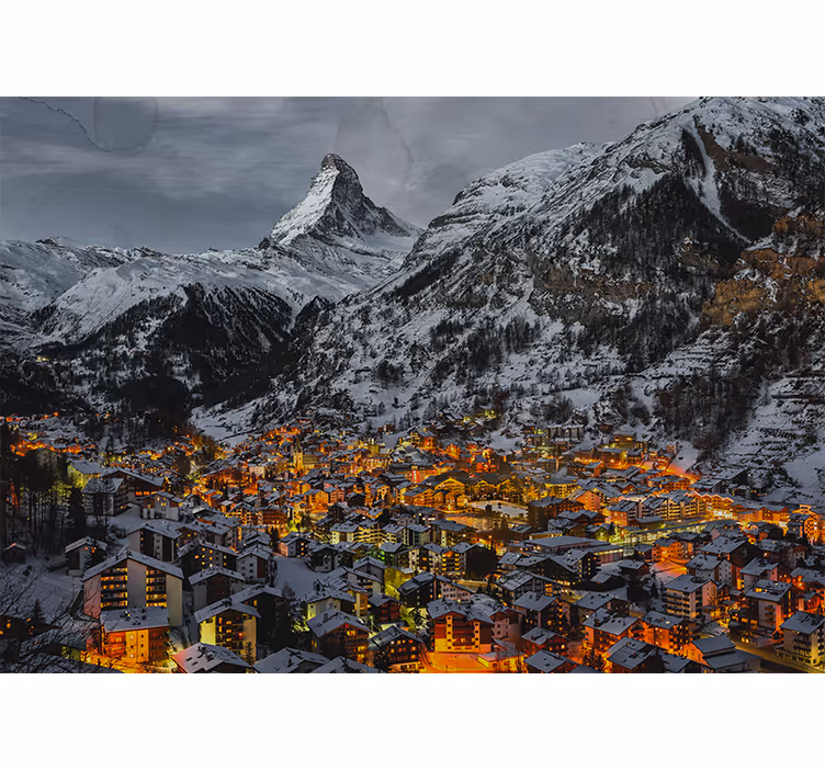 Fototapet fjell snødekt alpinlandsby - Tenstickers