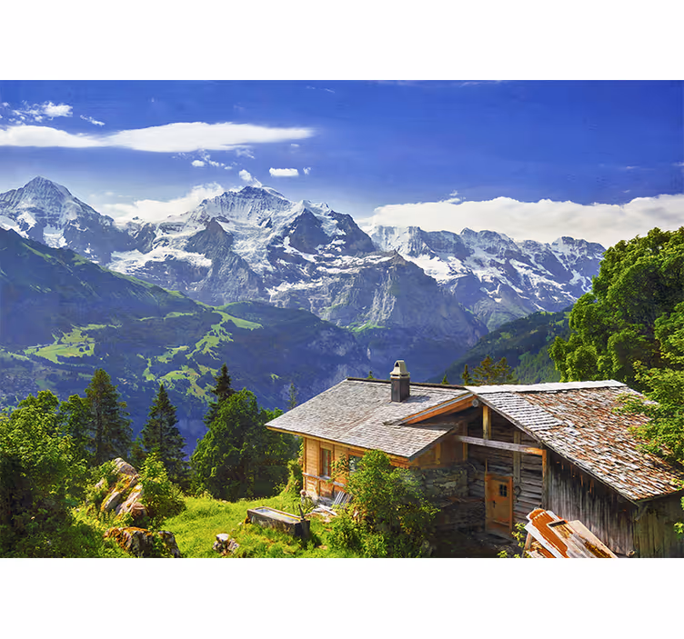 Fototapet landskap fjellhytte scene - Tenstickers