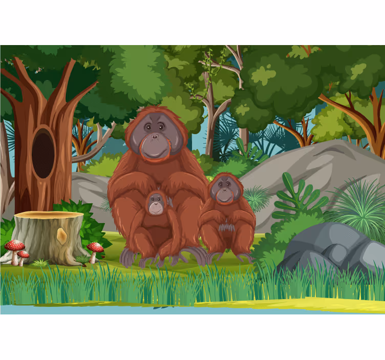 Fototapet dyr orangutangfamilie scene - Tenstickers