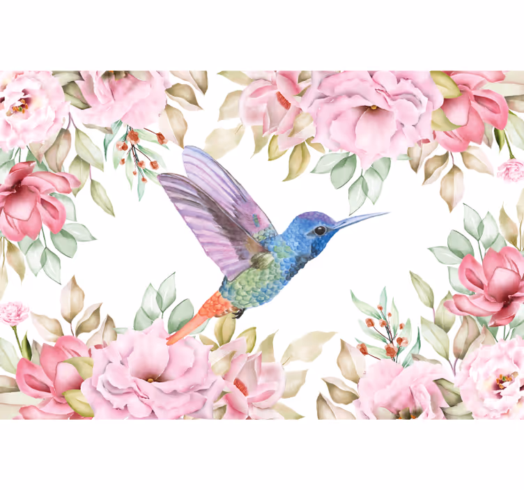 Fototapet blomster kolibri blant blomster - Tenstickers