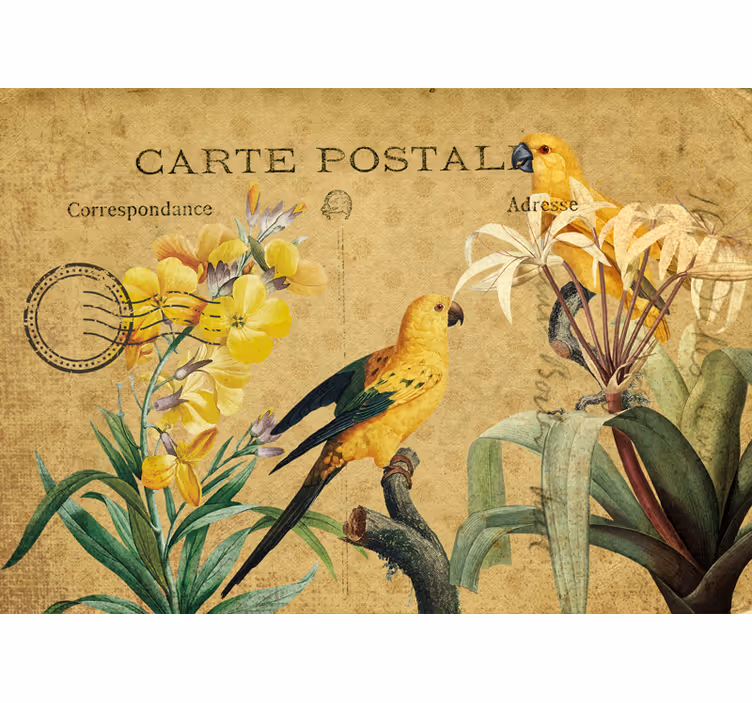Fototapet blomster vintage papegøyer og flora - Tenstickers