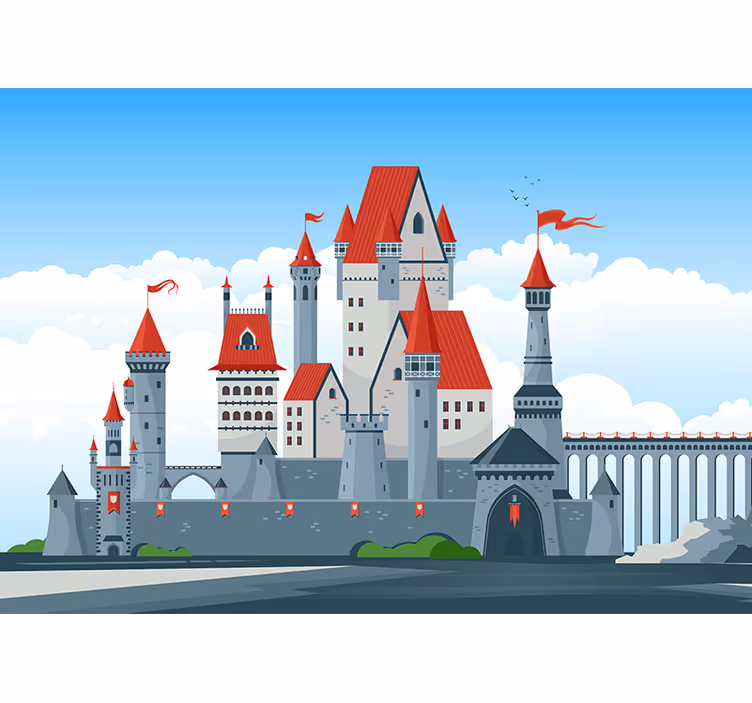 Fototapet fantasi slott med røde tak - Tenstickers