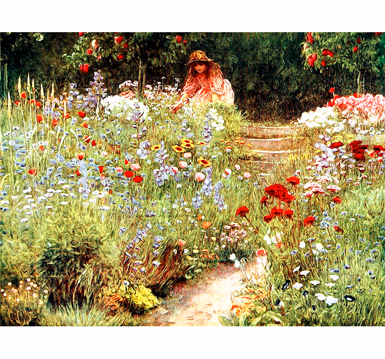 Fototapet blomster hagegangscene - Tenstickers