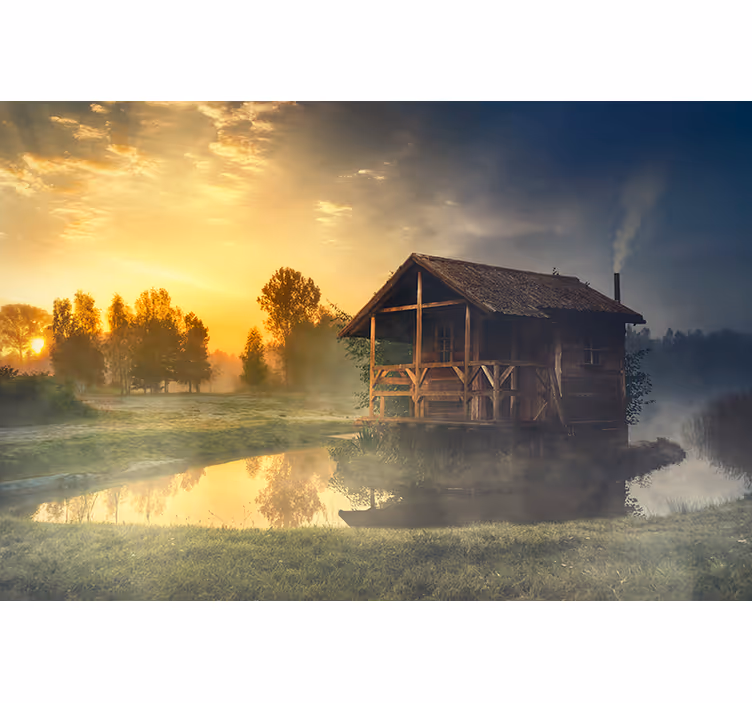 Fototapet landskap serene hytte solnedgang - Tenstickers