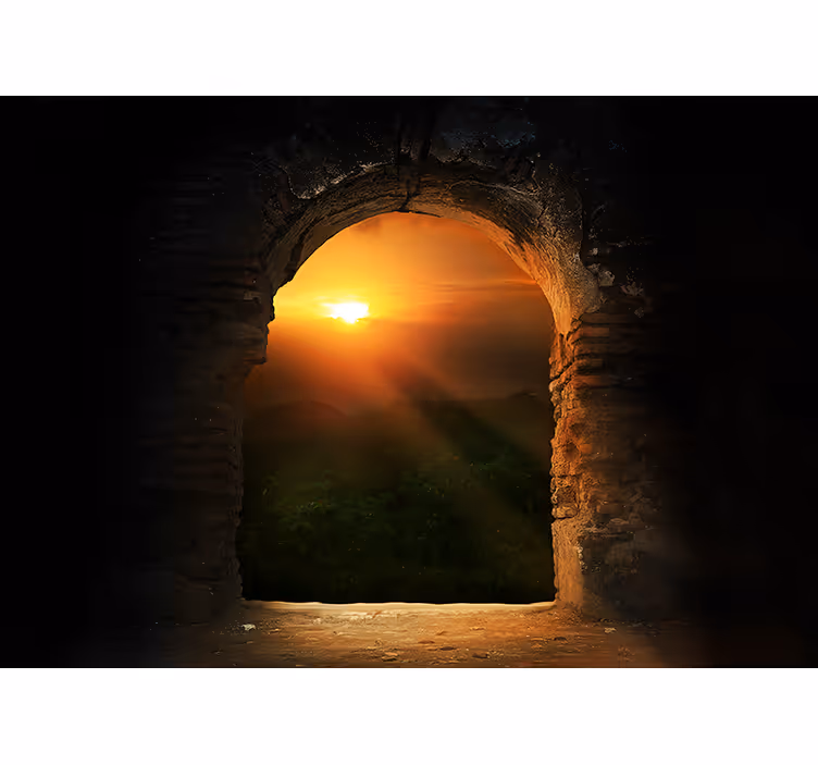 Fototapet landskap solnedgang gjennom bue - Tenstickers