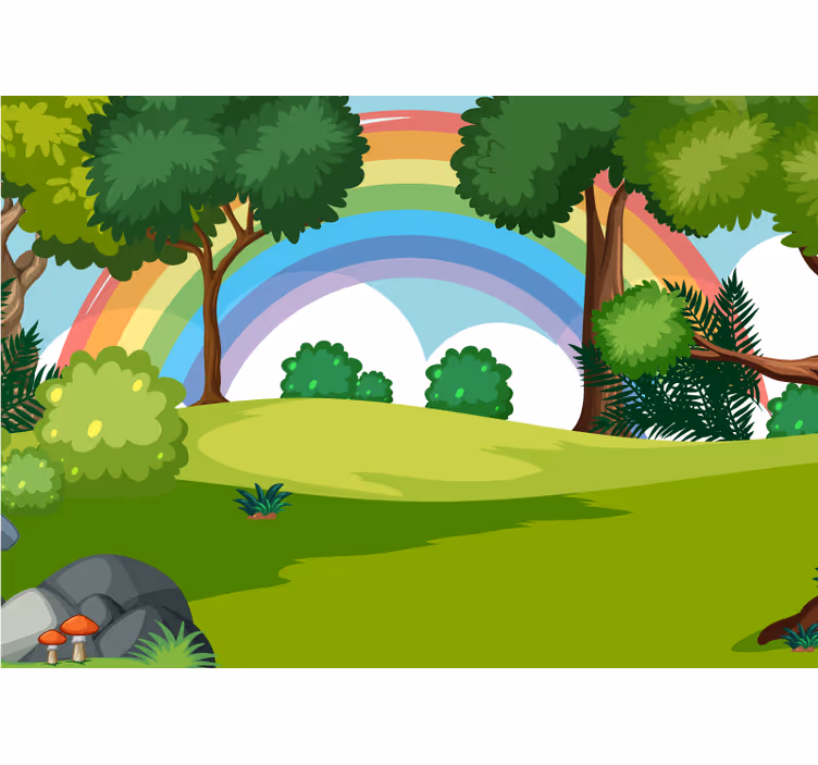 Regnbue og grønn skog fototapet spedbarn - Tenstickers