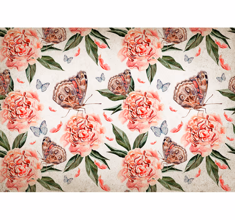 Fototapet blomster sommerfugler og pæoner - Tenstickers