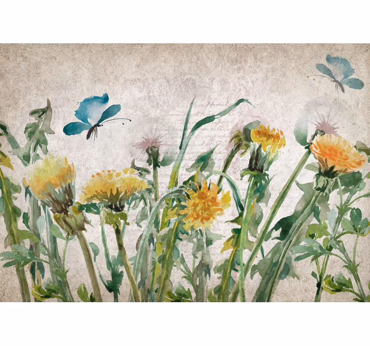 Fototapet blomster løvetann med sommerfugler - Tenstickers