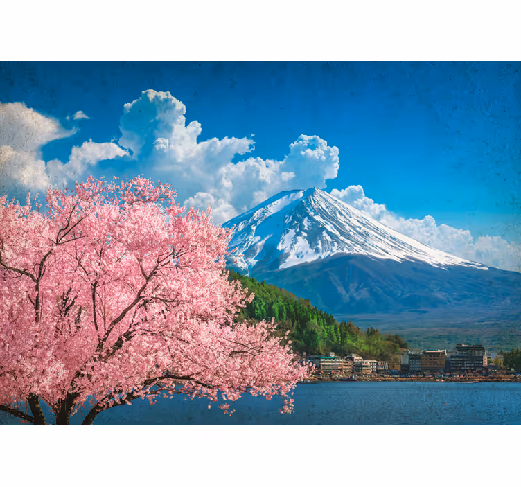 Fototapet landskap fjell og kirsebærblomster - Tenstickers
