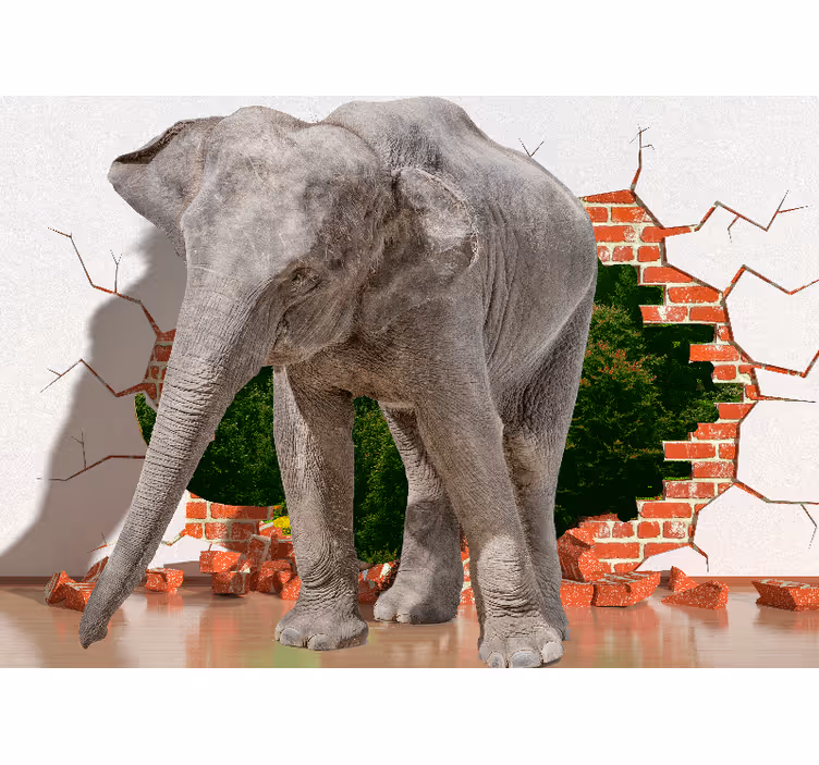 Fototapet 3d elefant som bryter vegg - Tenstickers