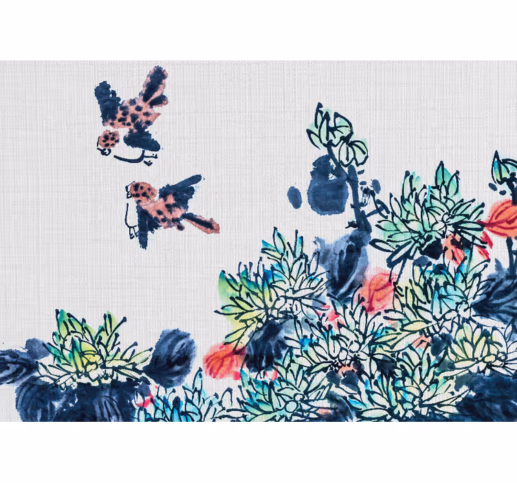 Fototapet blomster fugler blant blomster - Tenstickers