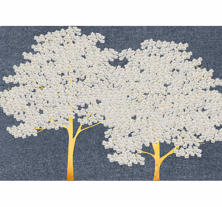 Gylne trær med hvite blomster fototapet blomster - Tenstickers