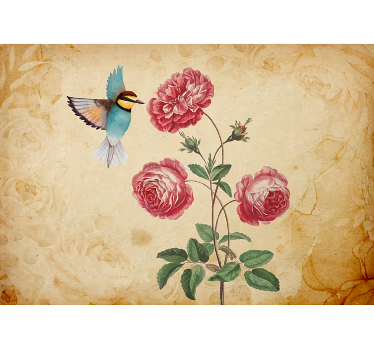 Fototapet blomster kolibri og roser - Tenstickers