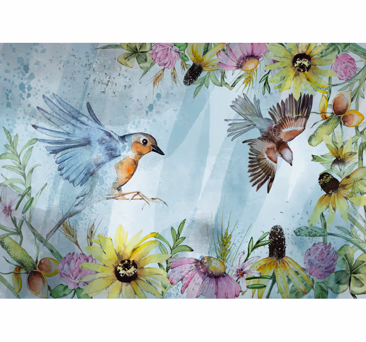 Fargerike blomsterfugler fototapet kontor - Tenstickers
