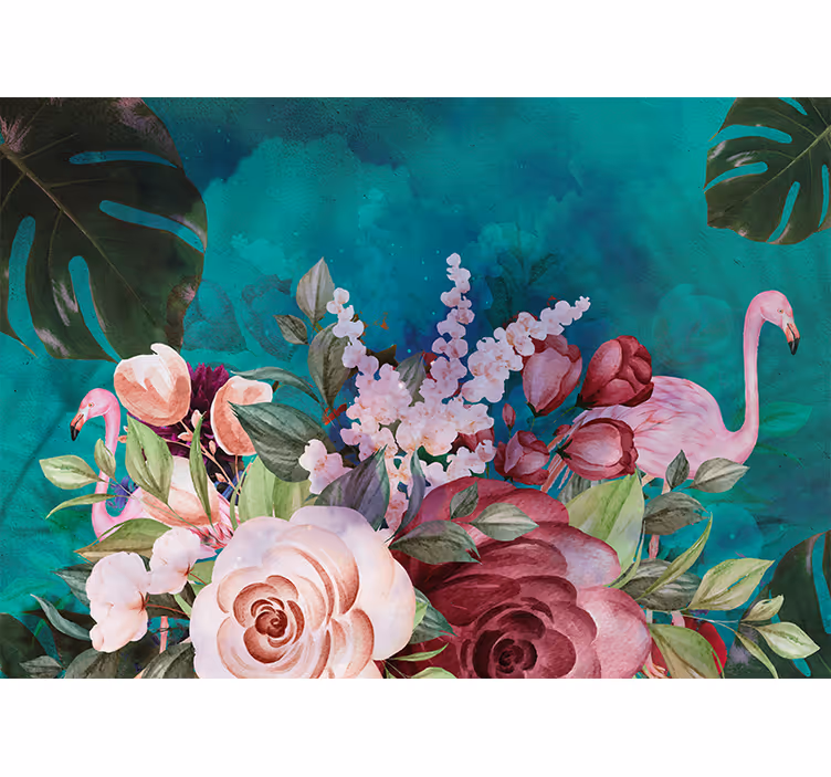Fototapet blomster flamingo blomsterdekorasjon - Tenstickers