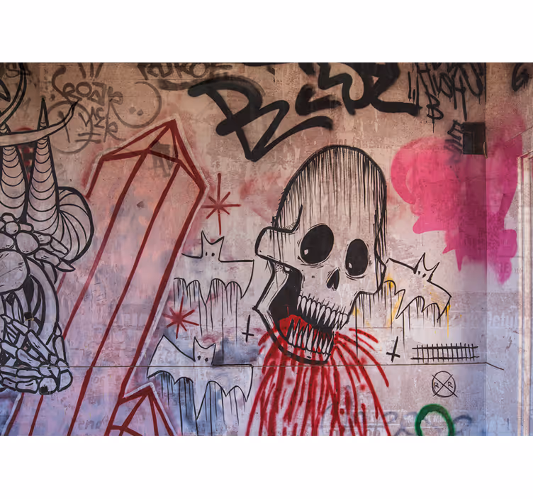 Fototapet urban kunst dødningehode og flaggermus - Tenstickers