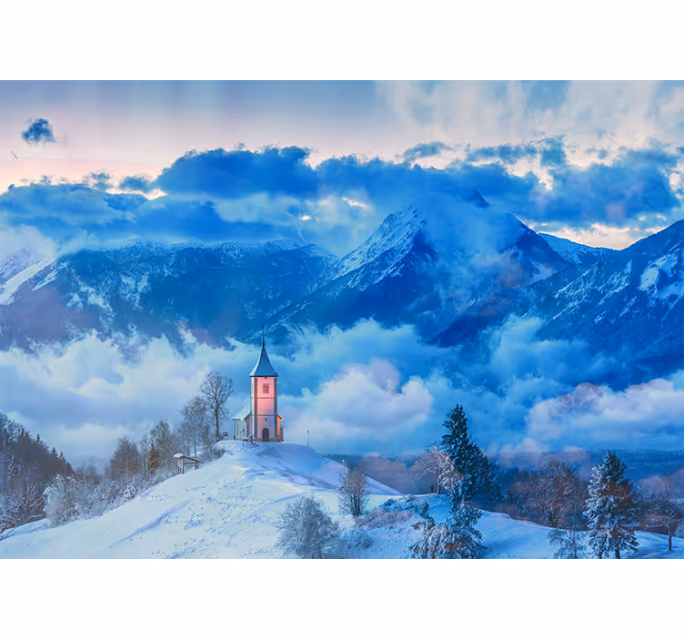 Fototapet landskap snødekt fjellandskap - Tenstickers