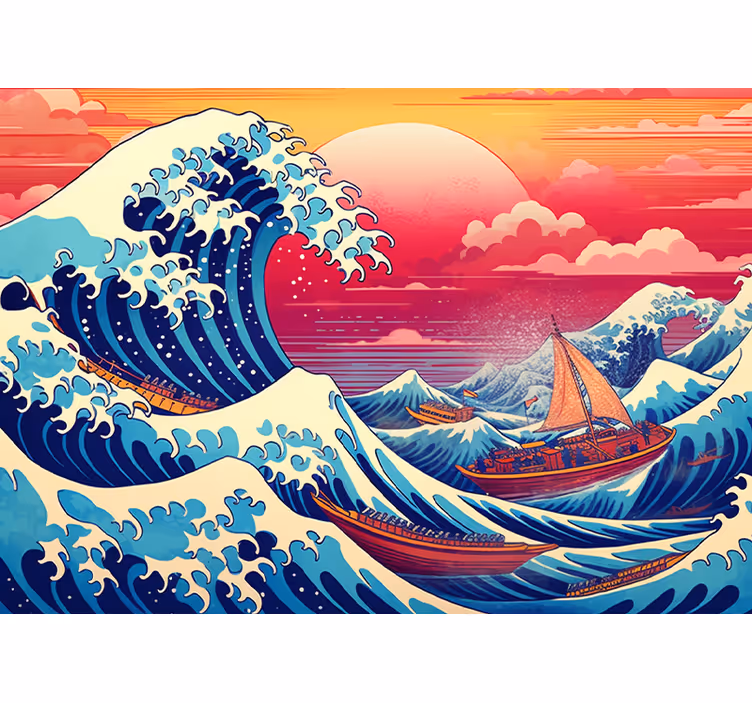 Japanske bølgemettede farger fototapet klassisk kunst - Tenstickers