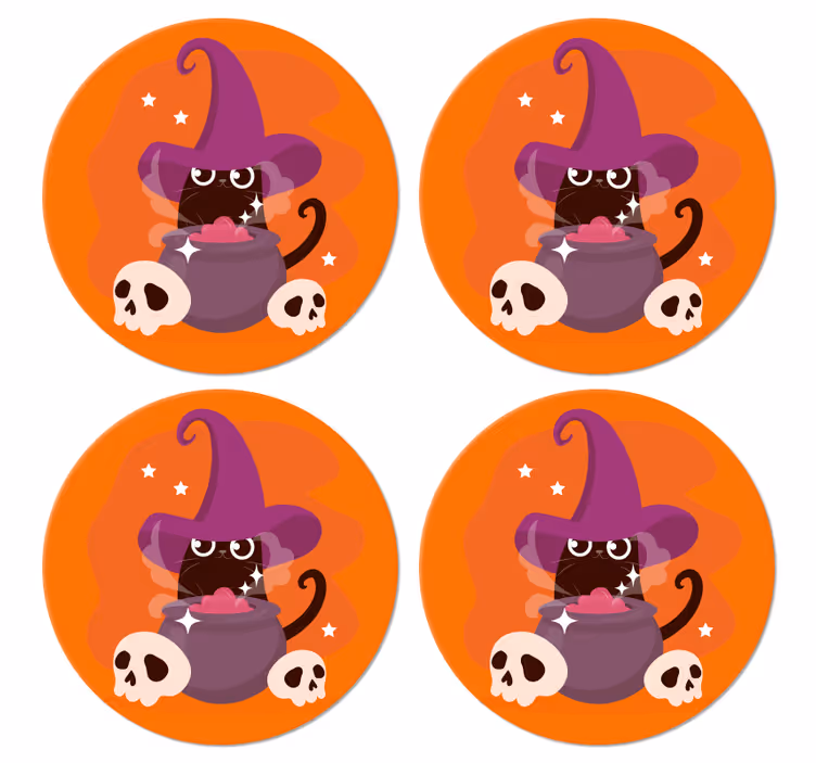 Katt, heksehatt, illustrasjon, halloween, coaster - Tenstickers